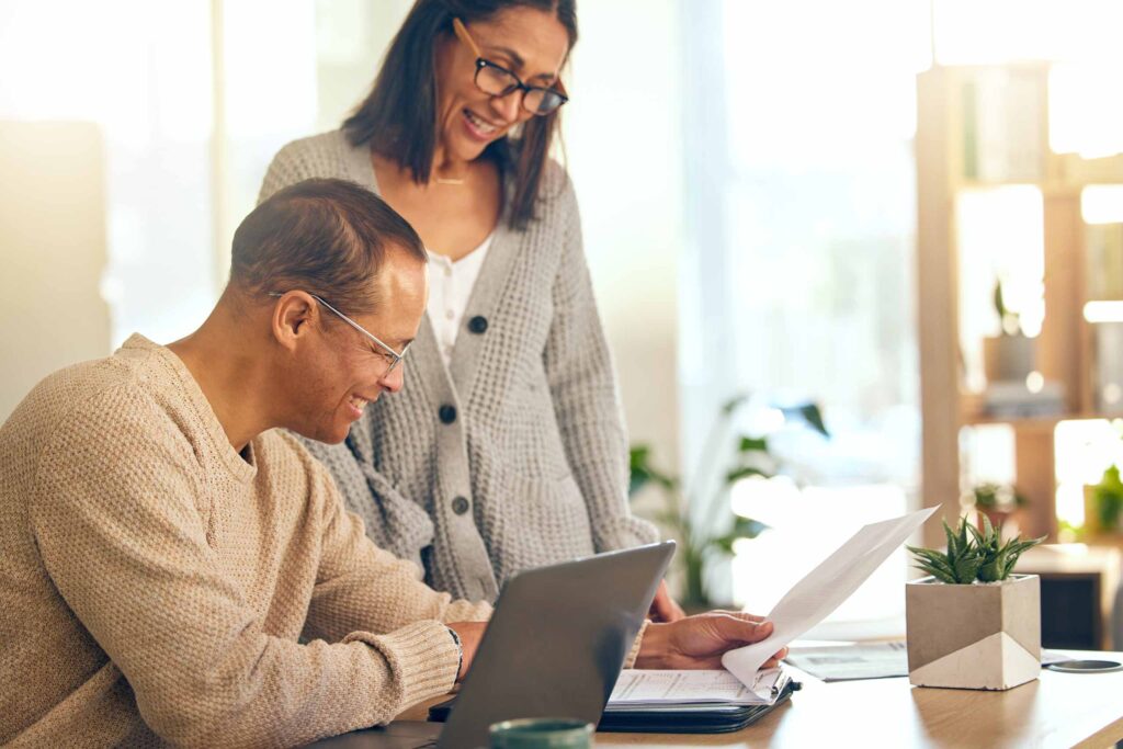 Love, retirement and senior couple with laptop, investment and pension fund planning.