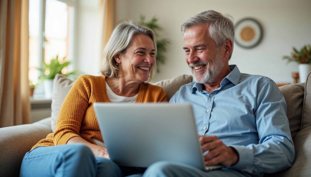 Happy middle aged couple using laptop computer relaxing on couch